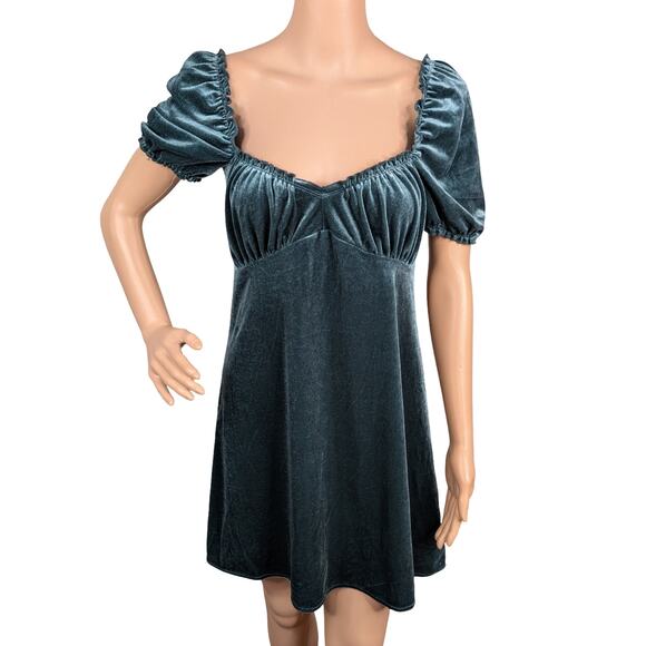 Urban Outfitters Cassandra Green Velvet Puff Sleeve Empire Milkmaid Mini Dress M - Picture 3 of 11